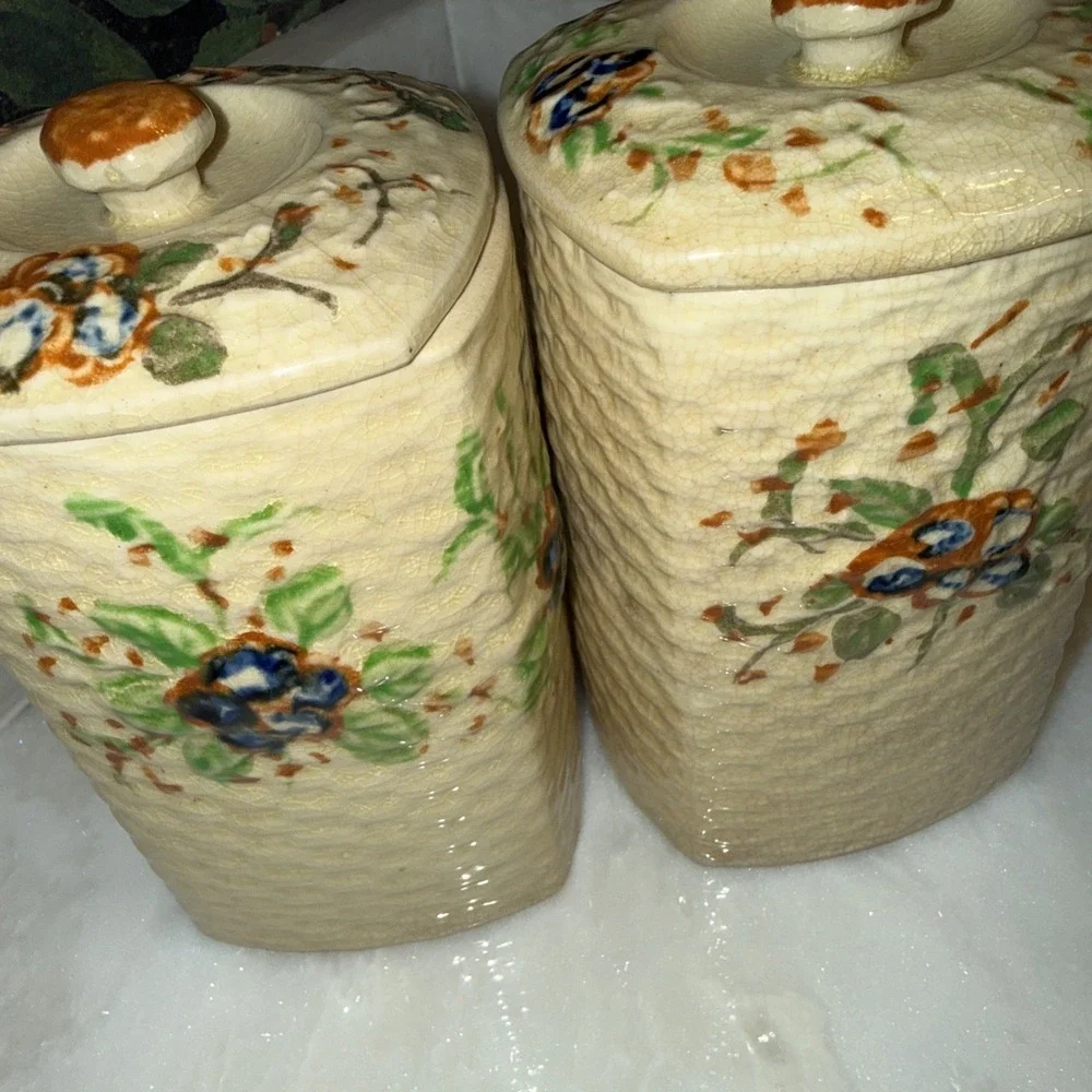 Vintage‎ Flour And Sugar Canisters Country Kitchen Basket Weave Lattice Floral